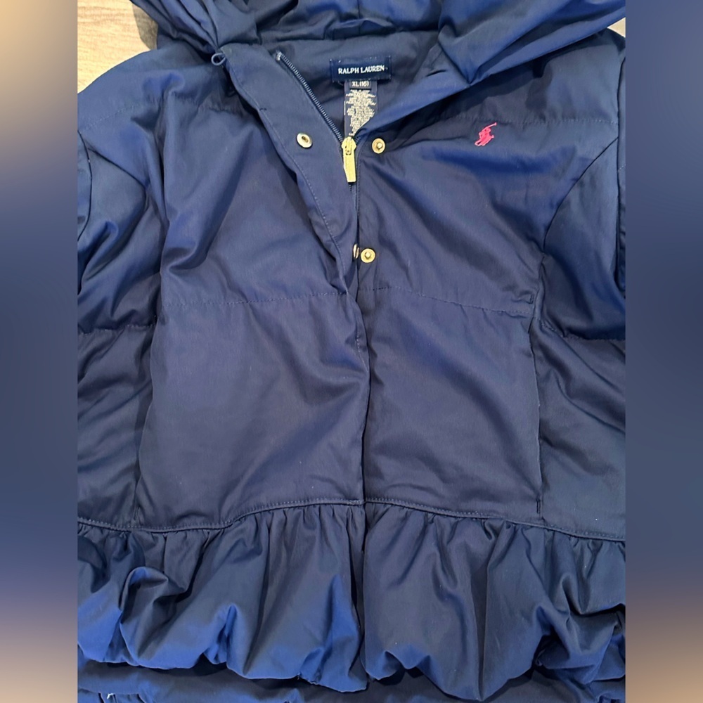 Ralph Lauren Girls XL 16 Navy Blue Down Hooded Jacket with Peplum Detail - Picture 3 of 7